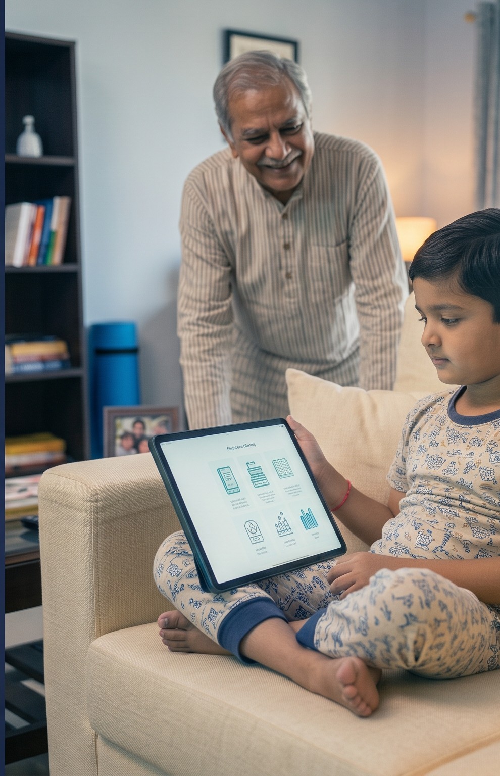 A grandfather smiling as he looks on while his grandson explores a tablet together, the kind of shared moment this story is built around