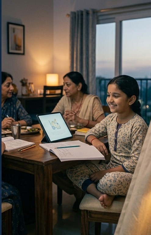 A girl smiling at the family dinner table while her mother and grandmother sit with her, a tablet open in front of them