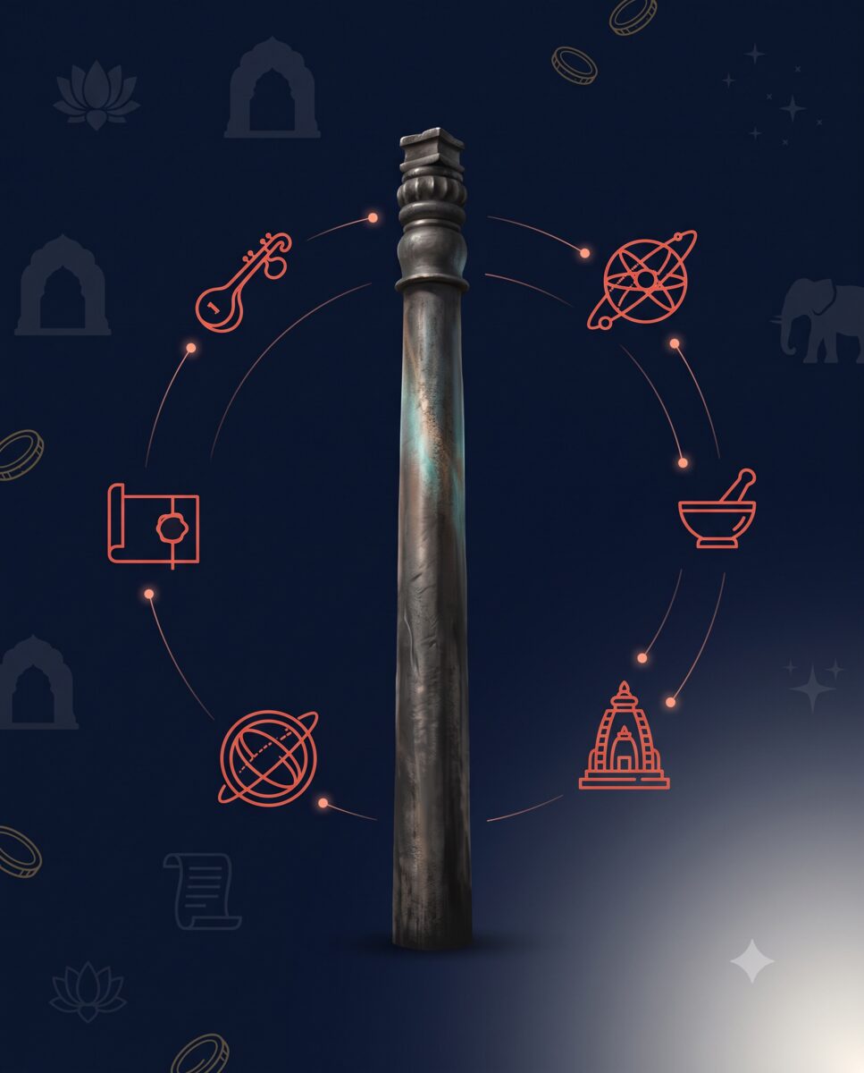The Gupta Era Iron Pillar of Mehrauli surrounded by icons of science, medicine, music, and temple architecture